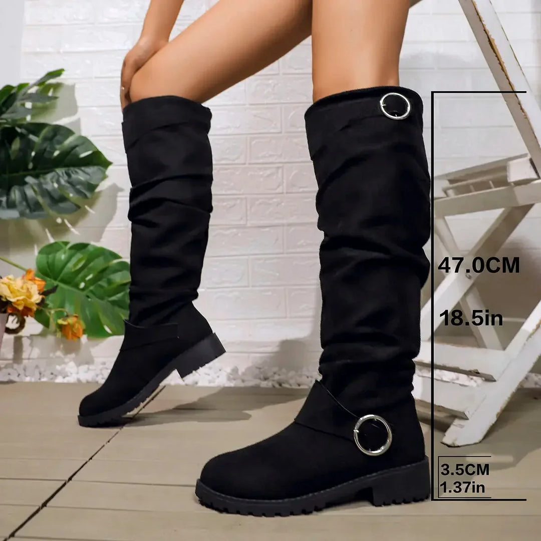 Slouchy Knee-High Boots with Buckle Detail