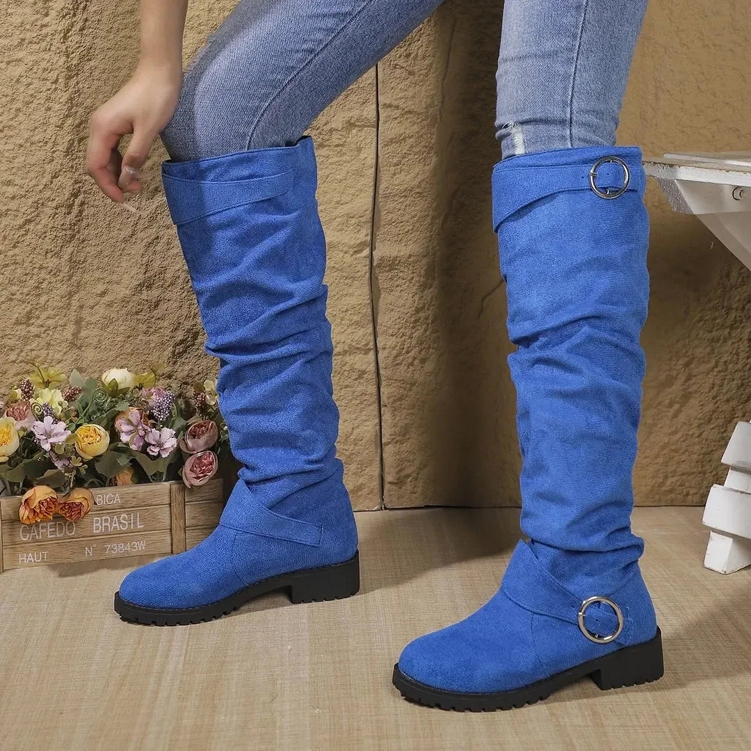 Slouchy Knee-High Boots with Buckle Detail