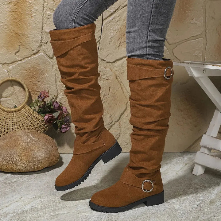 Slouchy Knee-High Boots with Buckle Detail