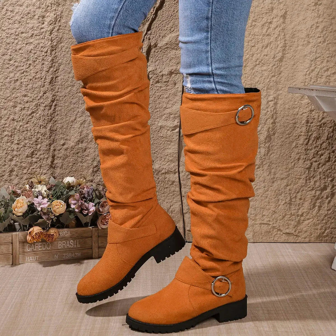 Slouchy Knee-High Boots with Buckle Detail