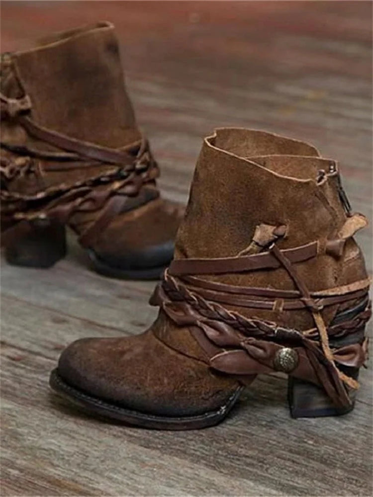 Braided Suede Lace-Up Ankle Boots