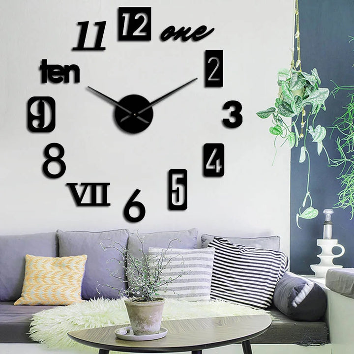 Large Long Wall Clock with 3D Adhesive Numbers and Minimalist Metal Hands Vintage