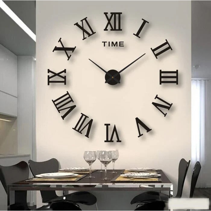 Large Long Wall Clock with 3D Adhesive Numbers and Minimalist Metal Hands Vintage