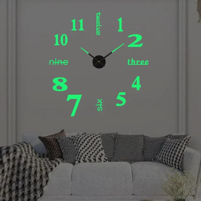 Large Long Wall Clock with 3D Adhesive Numbers and Minimalist Metal Hands Vintage