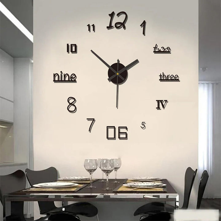 Large Long Wall Clock with 3D Adhesive Numbers and Minimalist Metal Hands Vintage