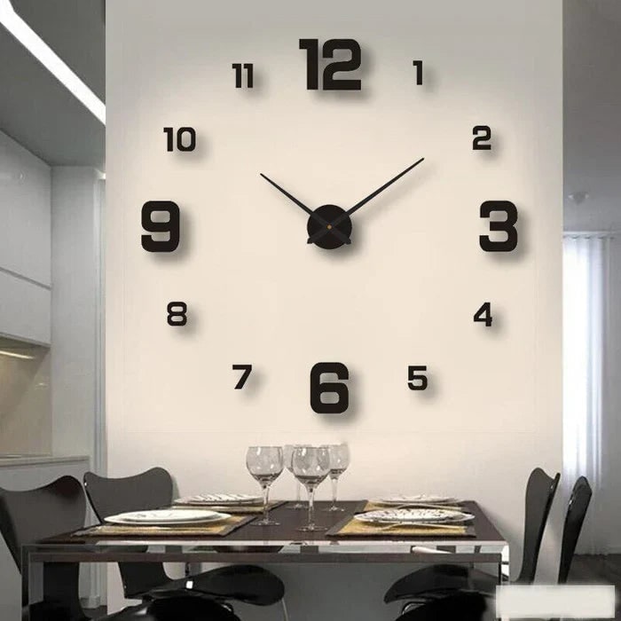 Large Long Wall Clock with 3D Adhesive Numbers and Minimalist Metal Hands Vintage
