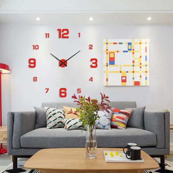 Large Long Wall Clock with 3D Adhesive Numbers and Minimalist Metal Hands Vintage