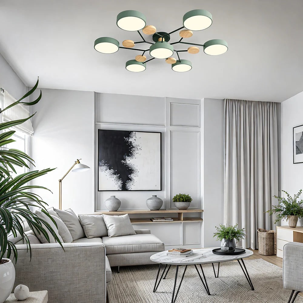 LED Semi Flush Ceiling Light Fixture with Modern Wood Accents for Kitchen Dining Room