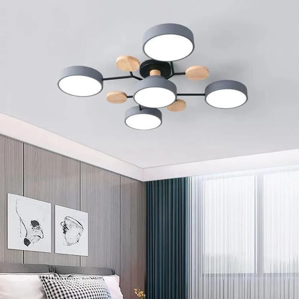 LED Semi Flush Ceiling Light Fixture with Modern Wood Accents for Kitchen Dining Room
