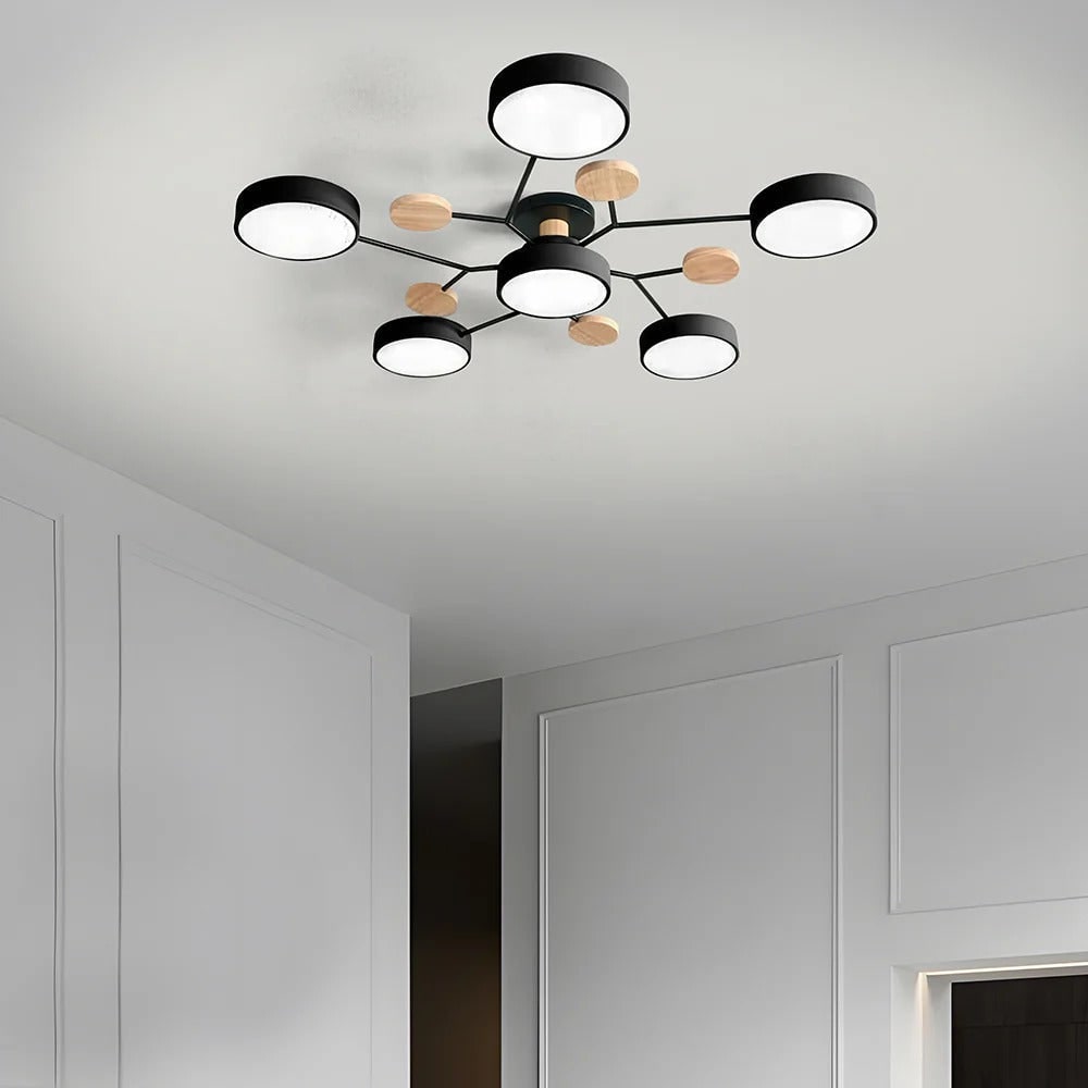 LED Semi Flush Ceiling Light Fixture with Modern Wood Accents for Kitchen Dining Room