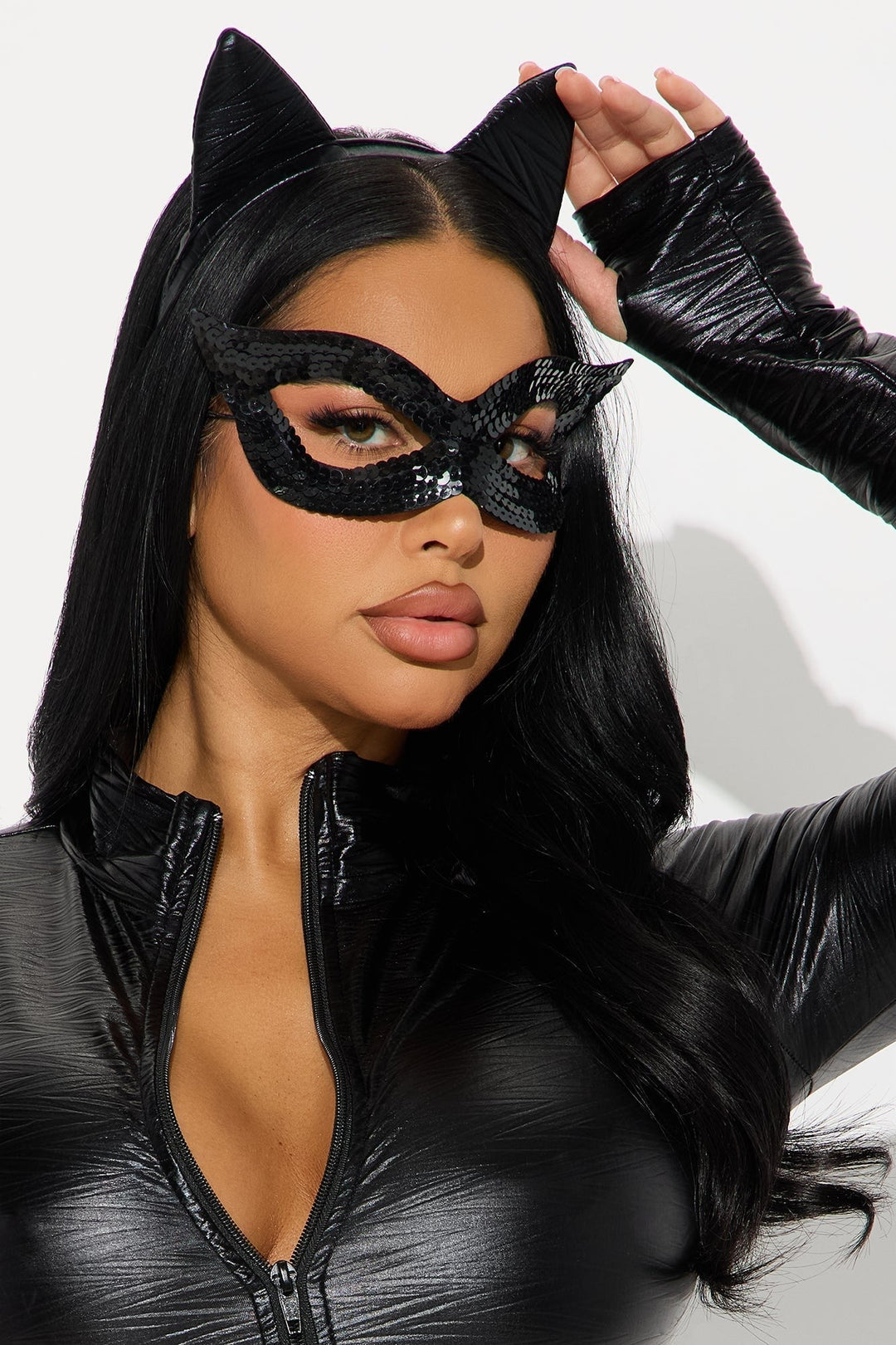 Four-Piece Black Cat Costume Set with Stretch Knit Bodysuit and Matching Accessories