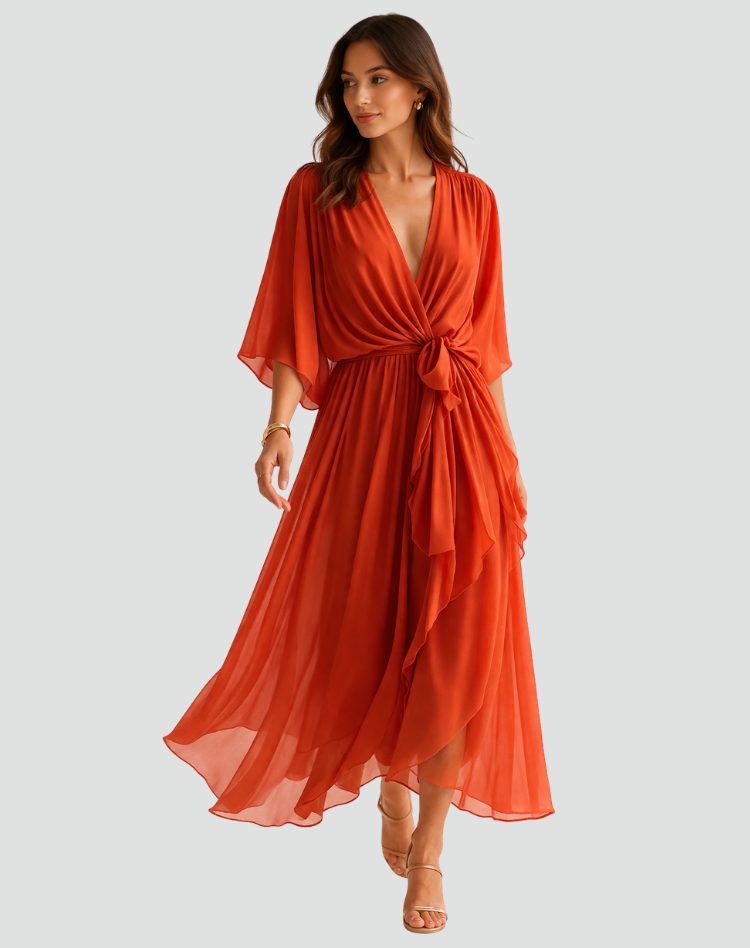 Women's Wedding Guest Midi Dress with V-Neck and Ruffle Skirt