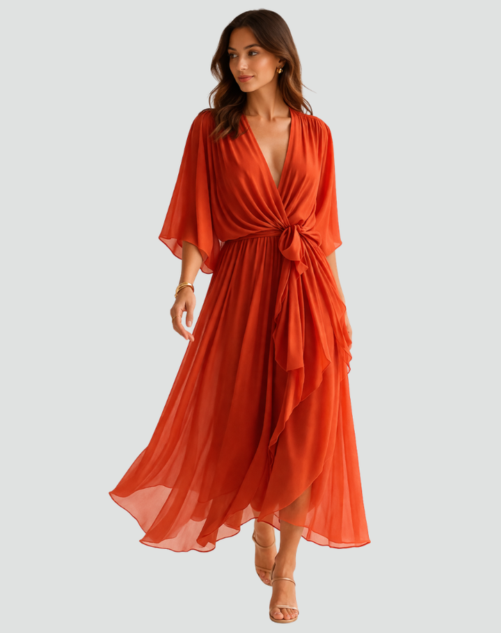 Women's Wedding Guest Midi Dress with V-Neck and Ruffle Skirt