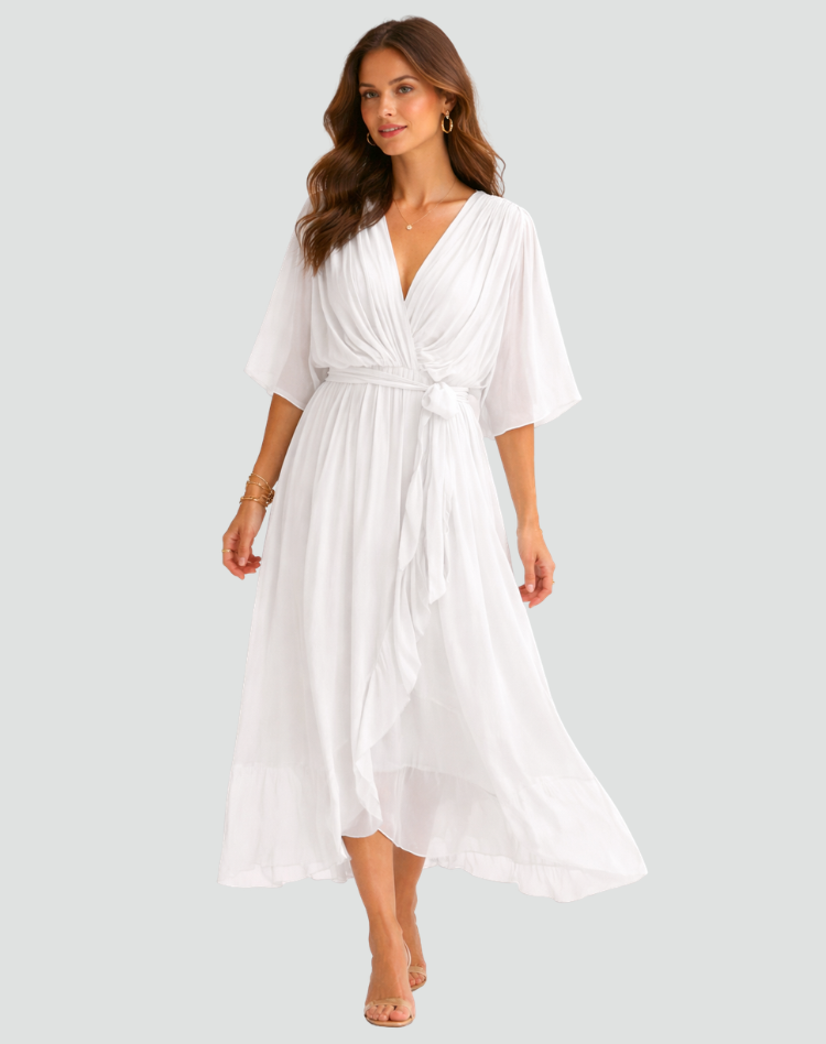 Women's Wedding Guest Midi Dress with V-Neck and Ruffle Skirt