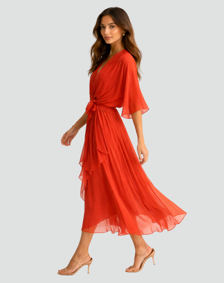 Women's Wedding Guest Midi Dress with V-Neck and Ruffle Skirt