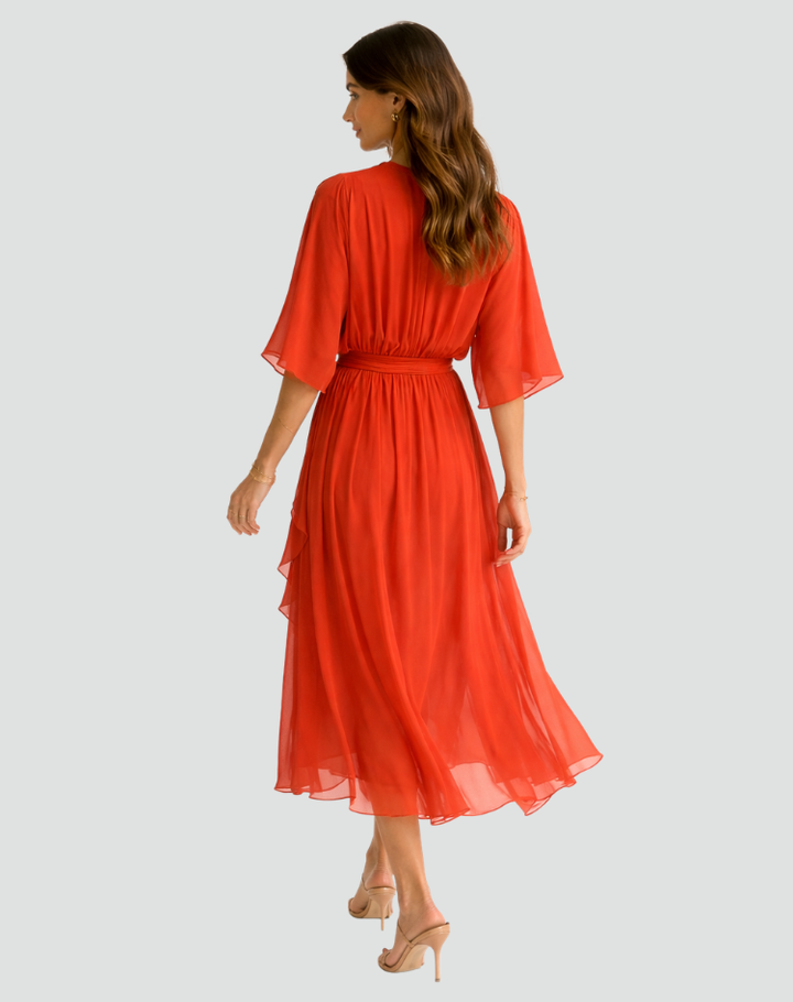 Women's Wedding Guest Midi Dress with V-Neck and Ruffle Skirt