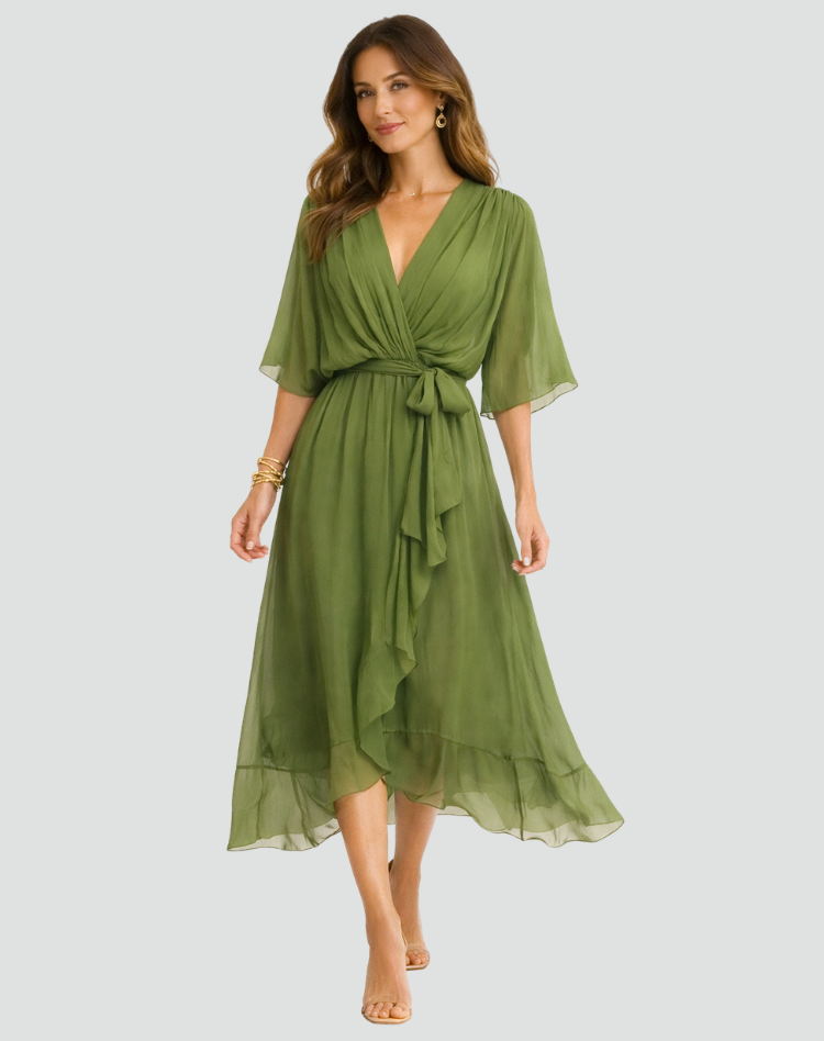 Women's Wedding Guest Midi Dress with V-Neck and Ruffle Skirt