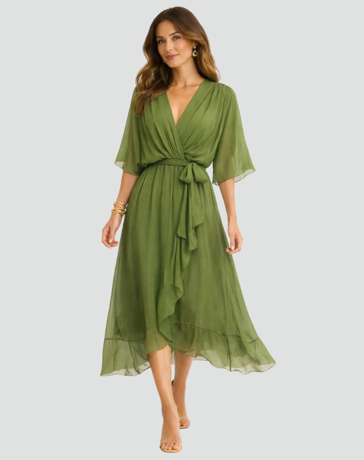 Women's Wedding Guest Midi Dress with V-Neck and Ruffle Skirt