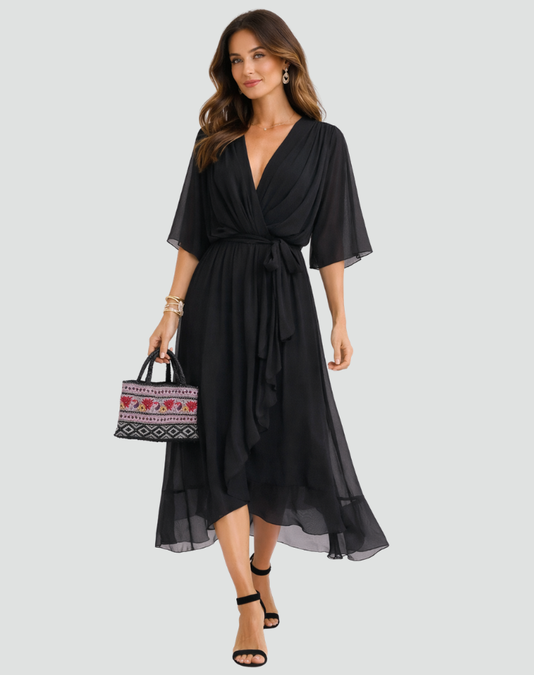 Women's Wedding Guest Midi Dress with V-Neck and Ruffle Skirt