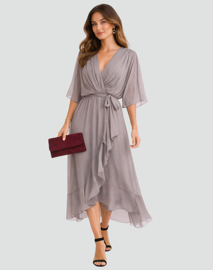 Women's Wedding Guest Midi Dress with V-Neck and Ruffle Skirt