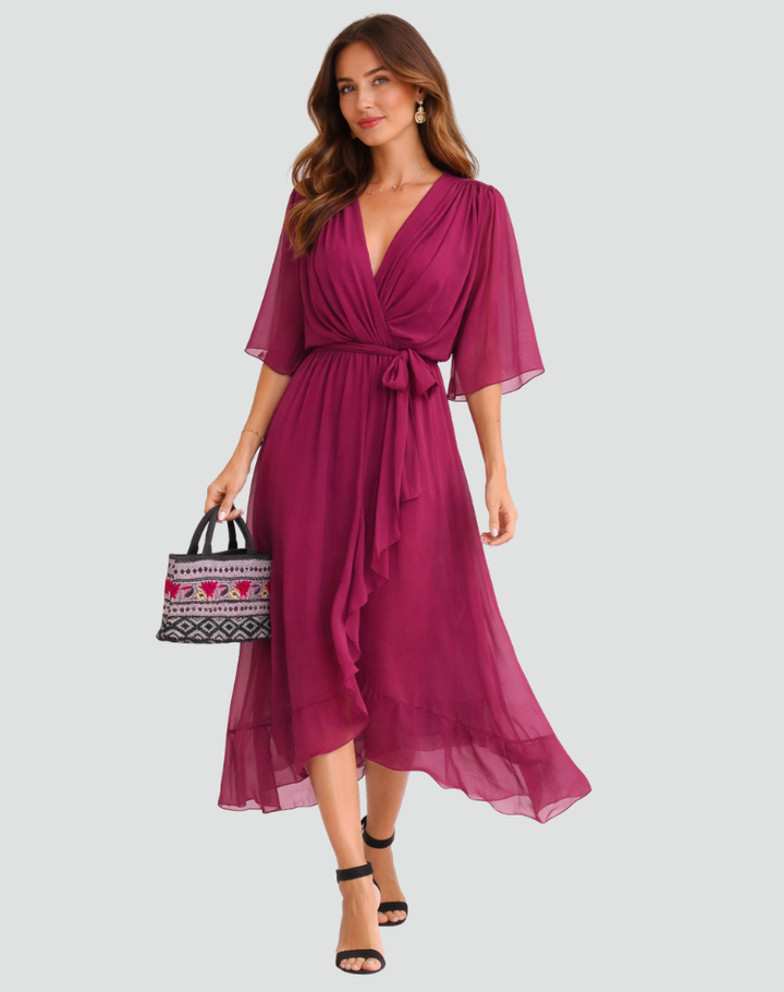 Women's Wedding Guest Midi Dress with V-Neck and Ruffle Skirt