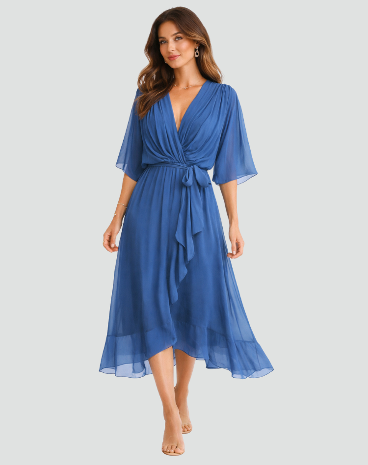 Women's Wedding Guest Midi Dress with V-Neck and Ruffle Skirt