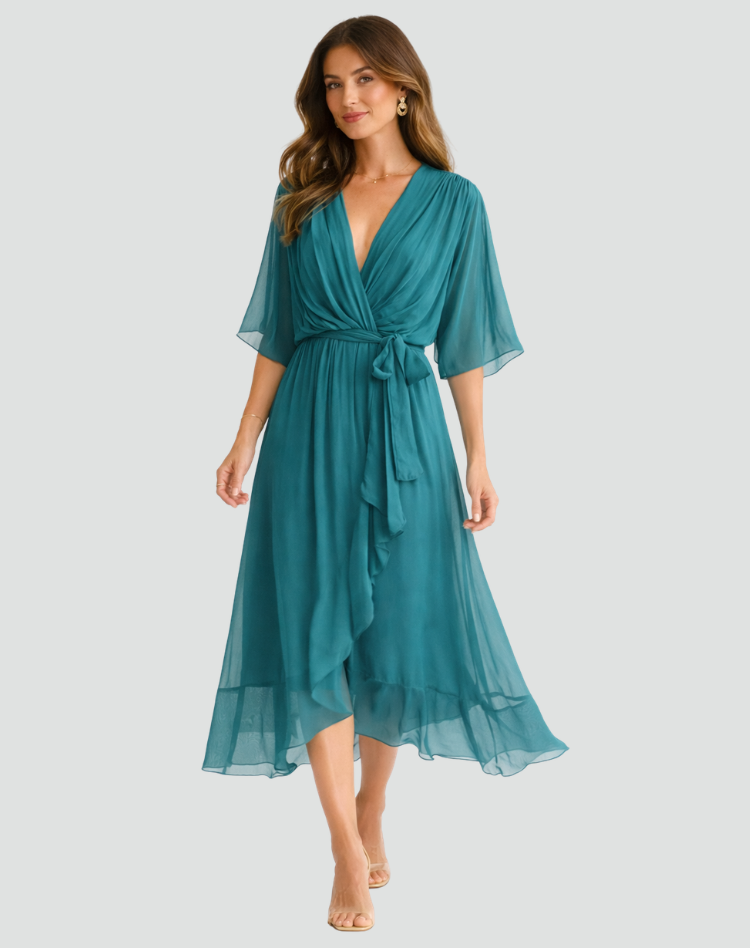 Women's Wedding Guest Midi Dress with V-Neck and Ruffle Skirt