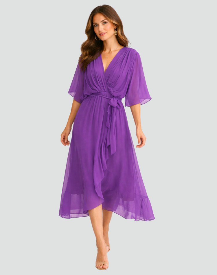 Women's Wedding Guest Midi Dress with V-Neck and Ruffle Skirt
