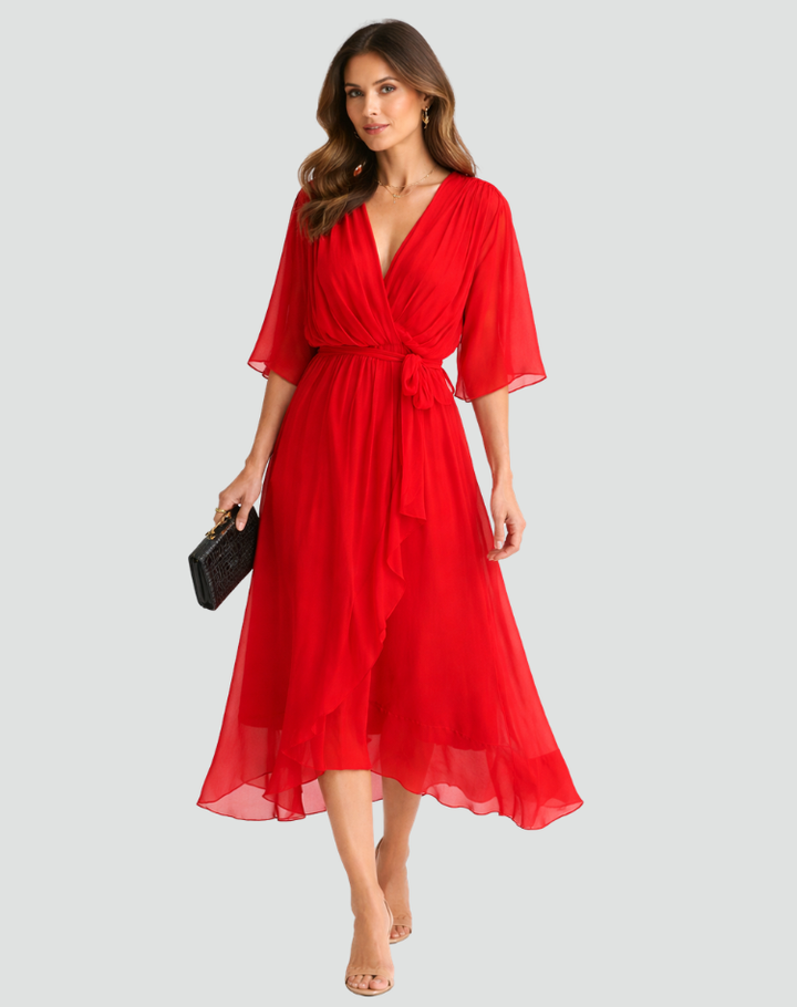 Women's Wedding Guest Midi Dress with V-Neck and Ruffle Skirt
