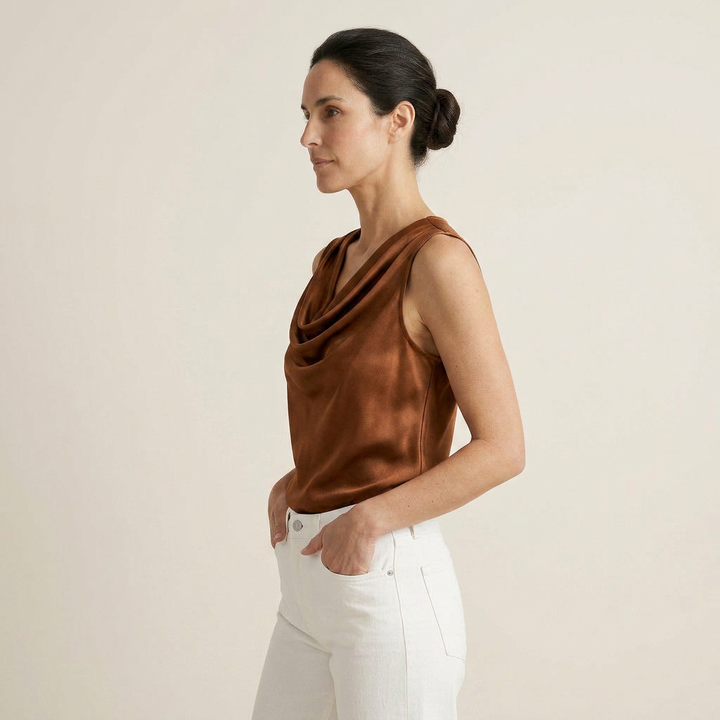 Women's Satin Top Sleeveless Cascade Neckline Flowing Fit