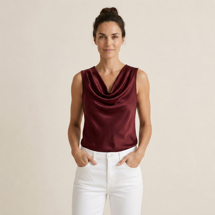 Women's Satin Top Sleeveless Cascade Neckline Flowing Fit