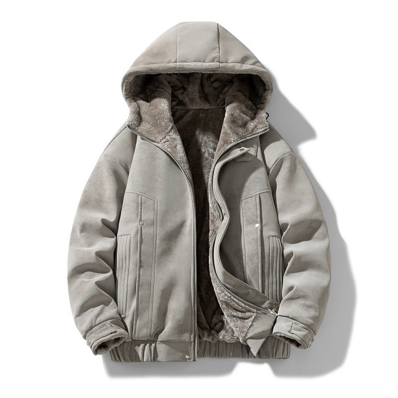 Men's Faux Suede Jacket with Hood and Teddy Lining