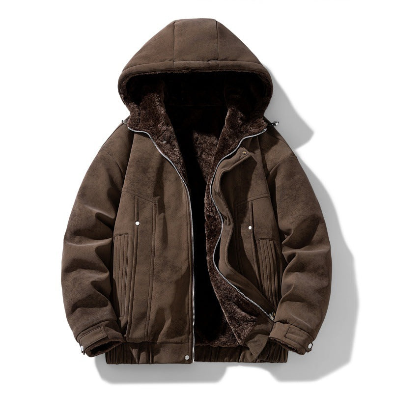 Men's Faux Suede Jacket with Hood and Teddy Lining