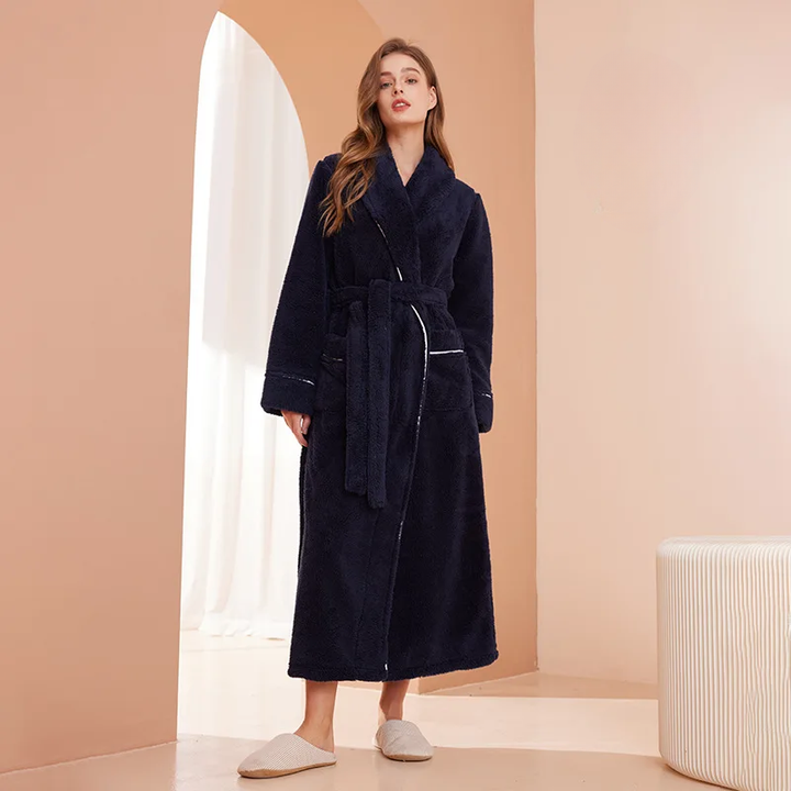 Men's and Women's Flannel Fleece Dressing Gown - Warm Winter Robe with Belt and Shawl Collar