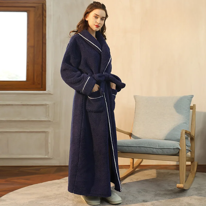 Men's and Women's Flannel Fleece Dressing Gown - Warm Winter Robe with Belt and Shawl Collar