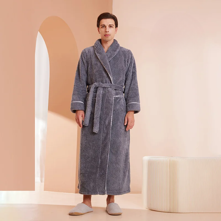 Men's and Women's Flannel Fleece Dressing Gown - Warm Winter Robe with Belt and Shawl Collar