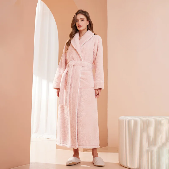 Men's and Women's Flannel Fleece Dressing Gown - Warm Winter Robe with Belt and Shawl Collar