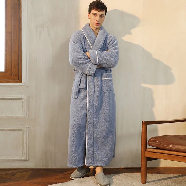 Men's and Women's Flannel Fleece Dressing Gown - Warm Winter Robe with Belt and Shawl Collar