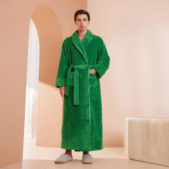 Men's and Women's Flannel Fleece Dressing Gown - Warm Winter Robe with Belt and Shawl Collar