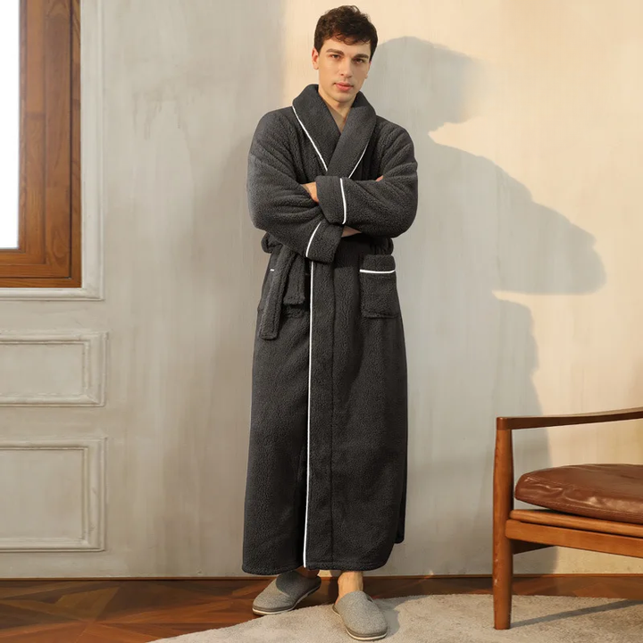 Men's and Women's Flannel Fleece Dressing Gown - Warm Winter Robe with Belt and Shawl Collar