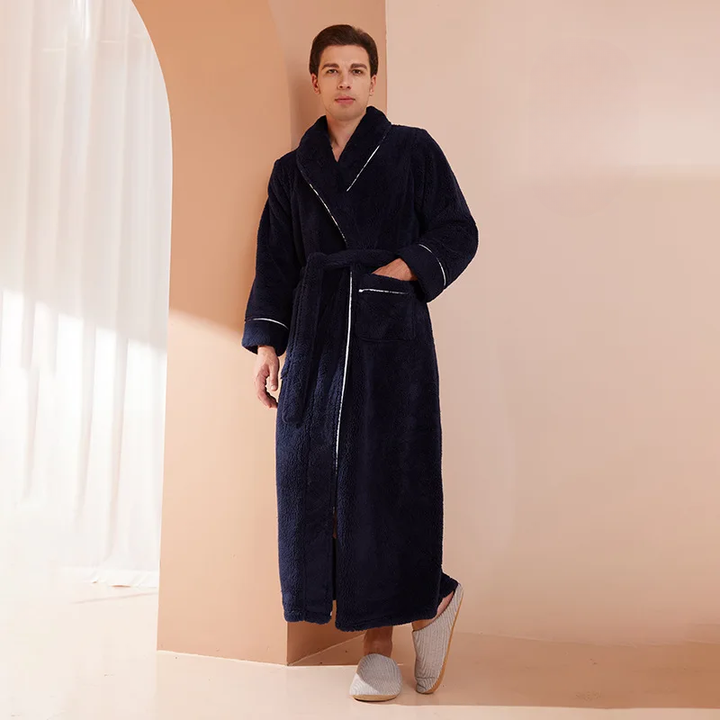 Men's and Women's Flannel Fleece Dressing Gown - Warm Winter Robe with Belt and Shawl Collar