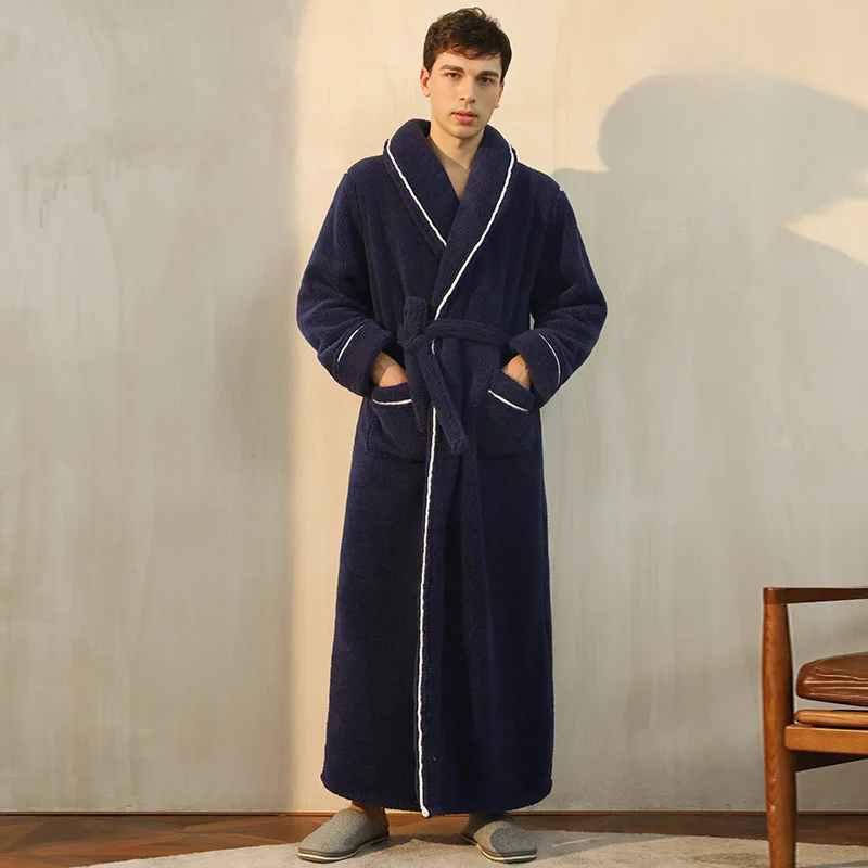 Men's and Women's Flannel Fleece Dressing Gown - Warm Winter Robe with Belt and Shawl Collar