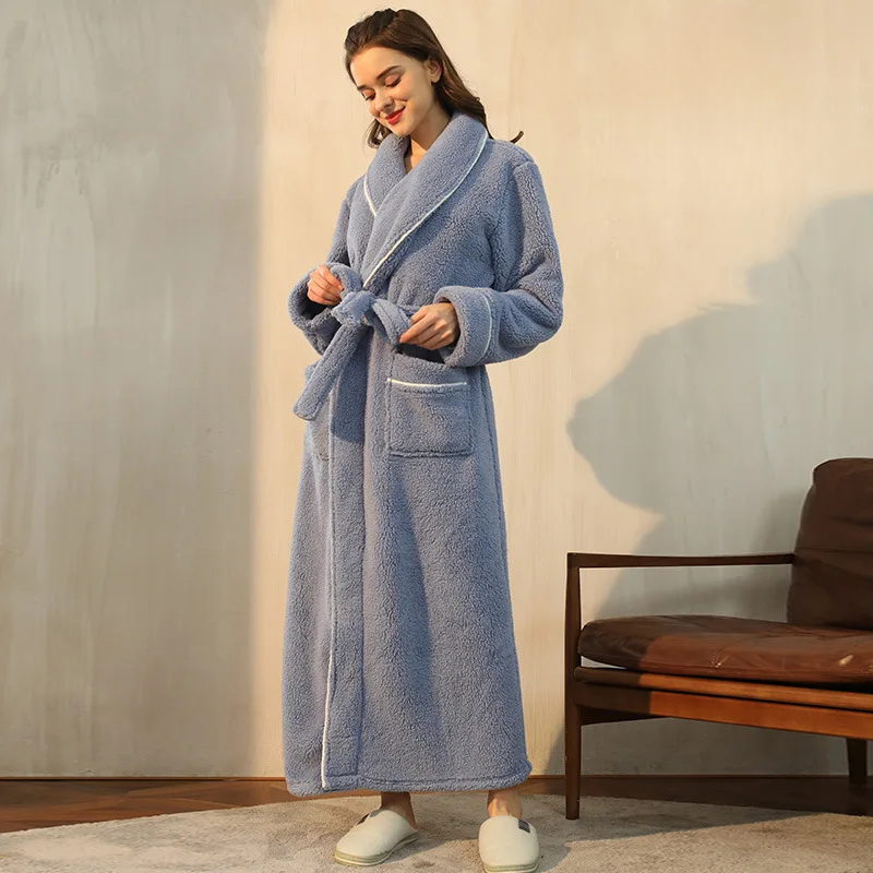 Men's and Women's Flannel Fleece Dressing Gown - Warm Winter Robe with Belt and Shawl Collar
