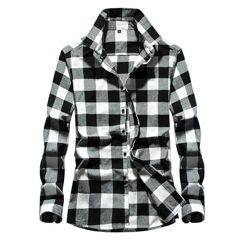 Men's Checked Flannel Shirt with Kent Collar and Adjustable Cuffs
