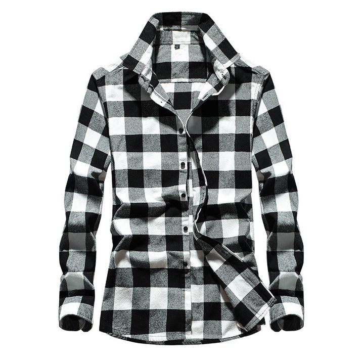 Men's Checked Flannel Shirt with Kent Collar and Adjustable Cuffs