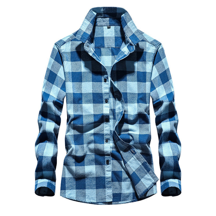 Men's Checked Flannel Shirt with Kent Collar and Adjustable Cuffs