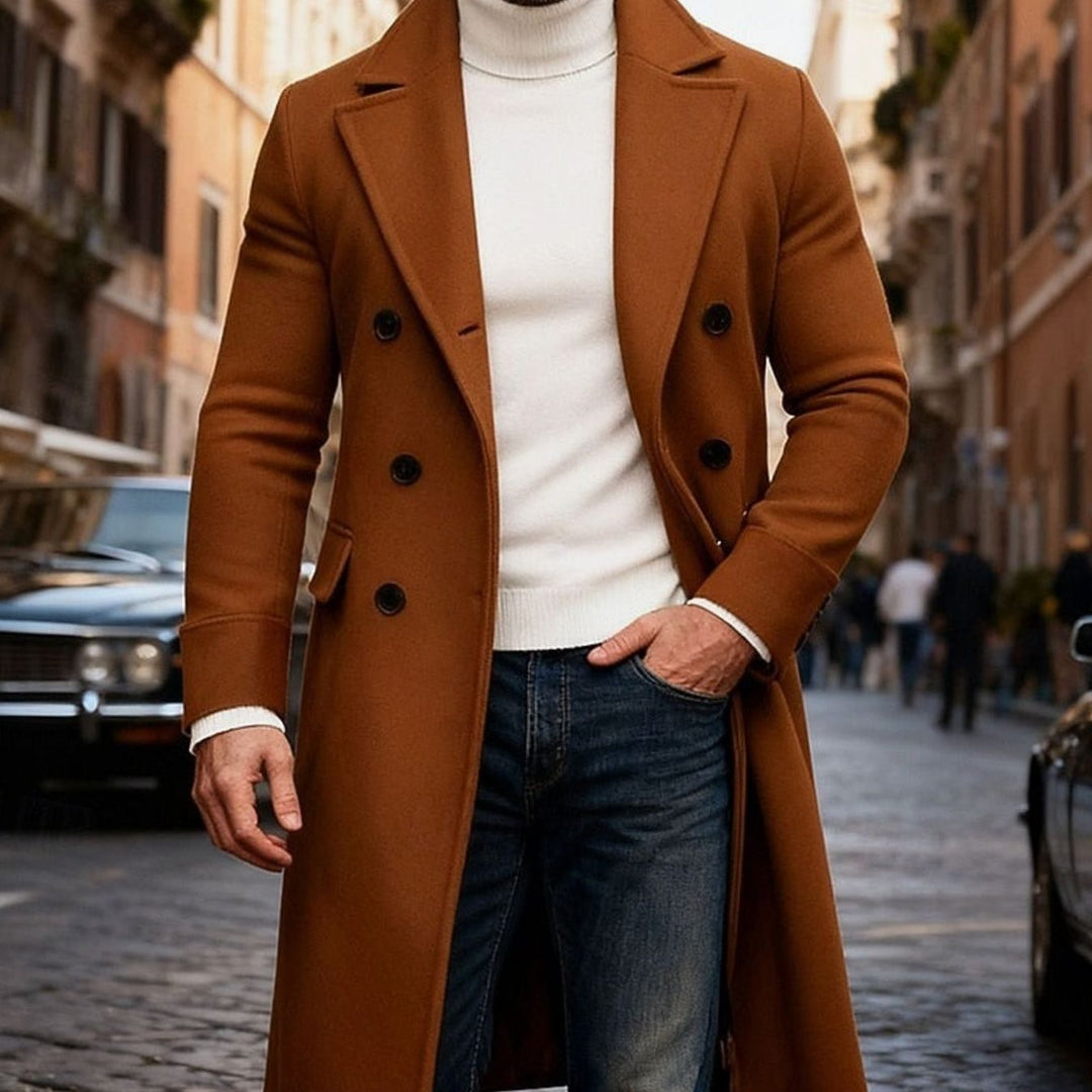 Men's Long Wool Overcoat Double-Breasted Tailored Fit