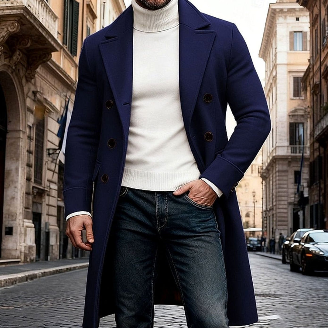 Men's Long Wool Overcoat Double-Breasted Tailored Fit