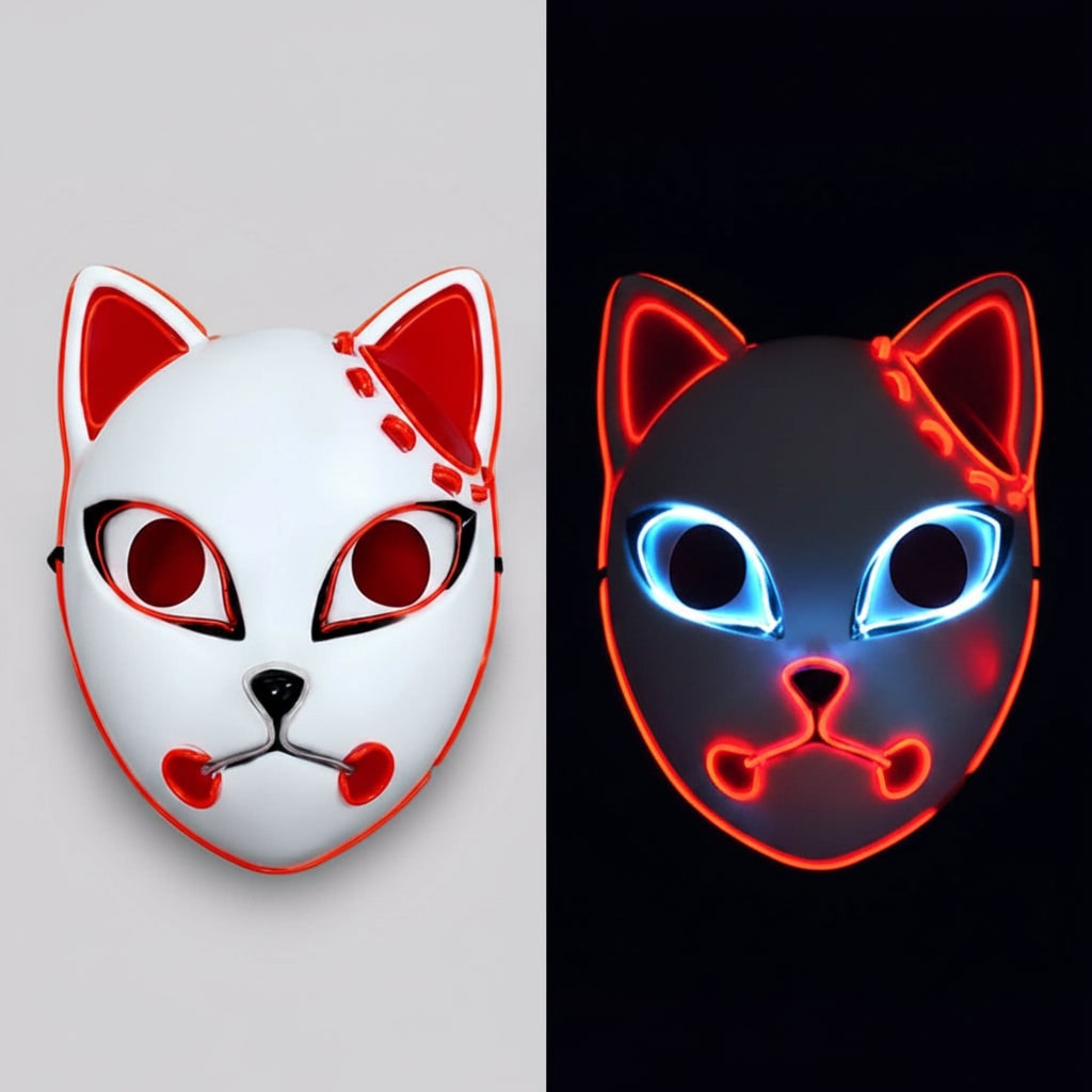 Halloween LED Fox Kitsune Mask with Light-Up Japanese Demon Design for Cosplay Party Costume