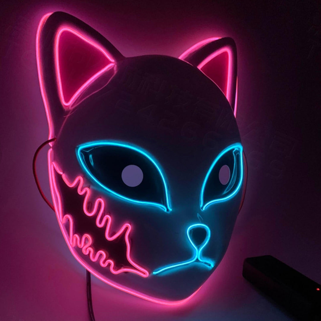 Halloween LED Fox Kitsune Mask with Light-Up Japanese Demon Design for Cosplay Party Costume